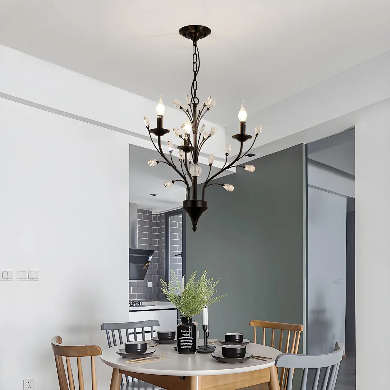 Modern Elegant Black Branch Crystal Candelabra Chandelier