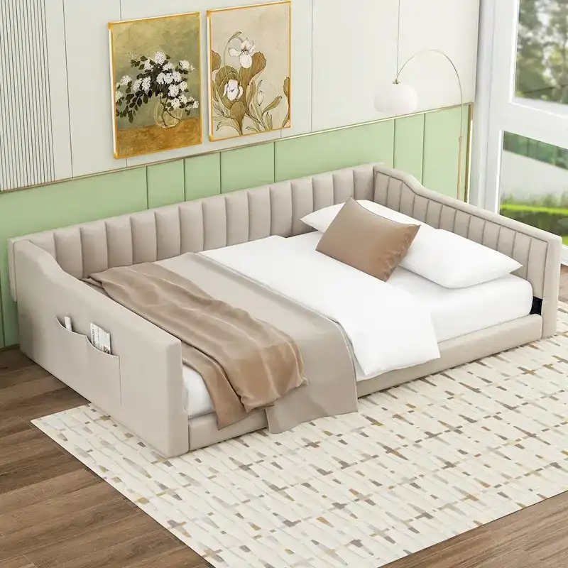 Beige/Grey Velvet Vertical Stripe Full XL Daybed Sofa, Single, with Side Storage Pocket