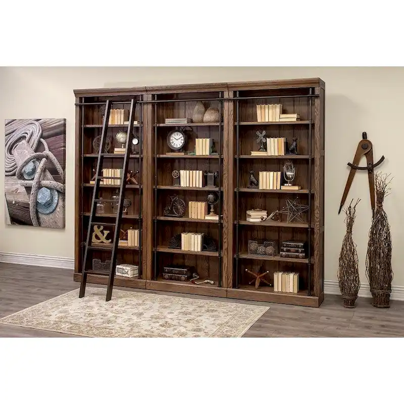 8-Foot Tall Bookcase Wall Unit with Rolling Ladder & Storage Organizer — 120W x 94H x 15D