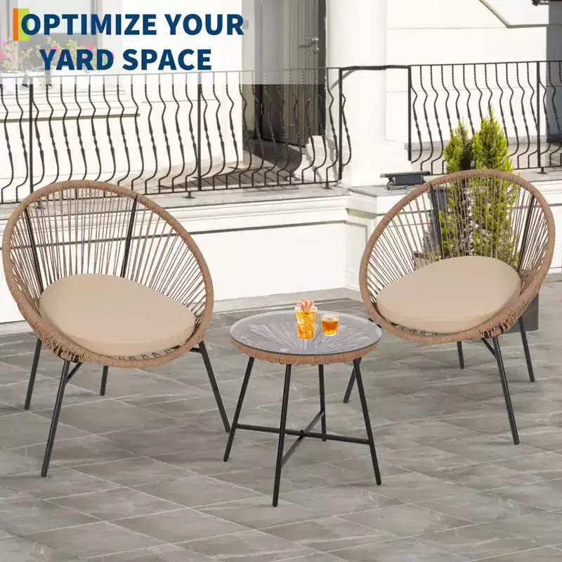 3 Piece Rattan Bistro Set, Outdoor PE Wicker Conversation Furniture with 2 Chairs & Cushions, Tempered Glass Top, for Patio/Porch/Garden/Yard