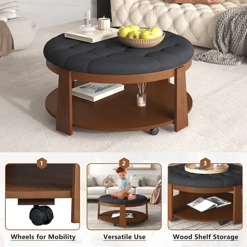 36 Round Button Tufted Upholstered Coffee Table with Wood Shelf and Wheel