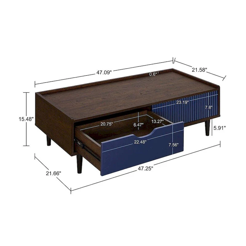 Modern Ribbed Coffee Table with Drawer and Shelf
