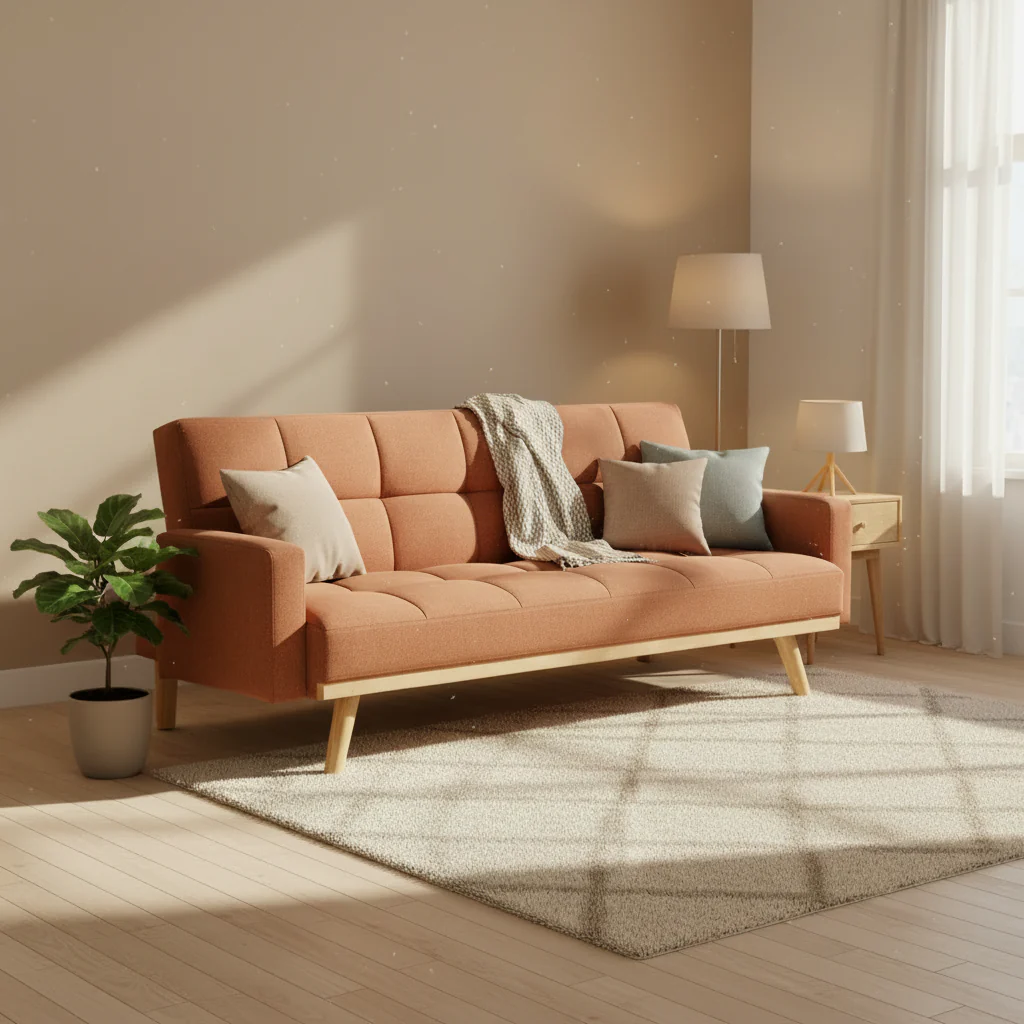 78 Inch Sofa Futon Bed with Tufted Back, Angled Legs, Orange Fabric