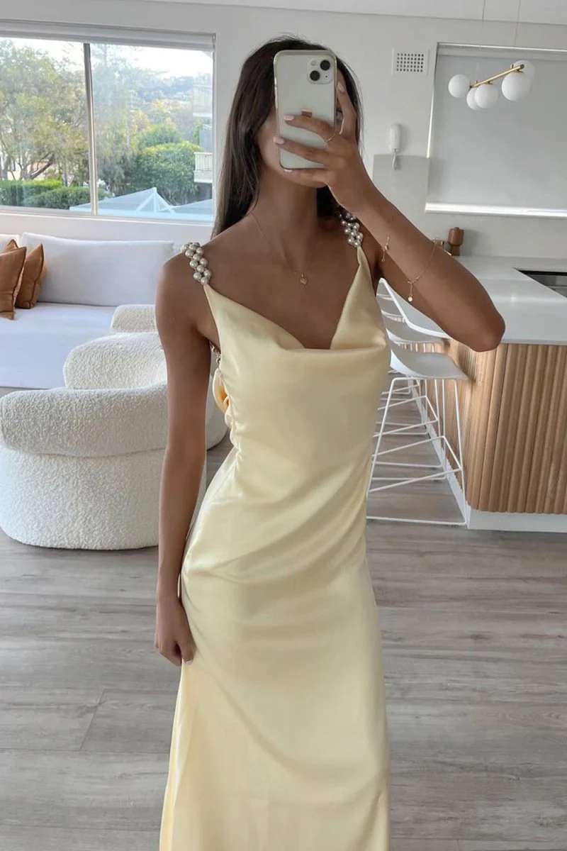 Yellow Sheath Spaghetti Straps Satin Long Prom Dresses With Pearls