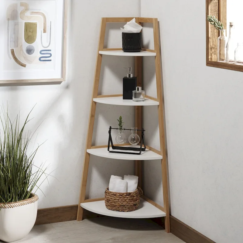 White / Natural 4-Tier Corner Shelf, Modern Style