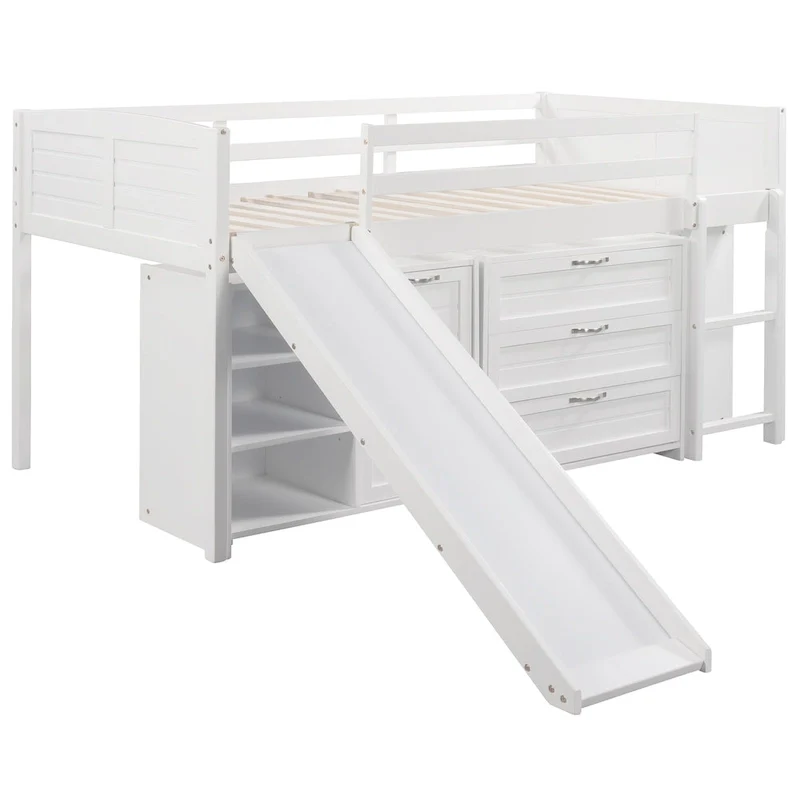 Twin Low Loft Bed with Storage Cabinets, Shelves & Ladder – White / Gray / Espresso, Pine Wood, Single