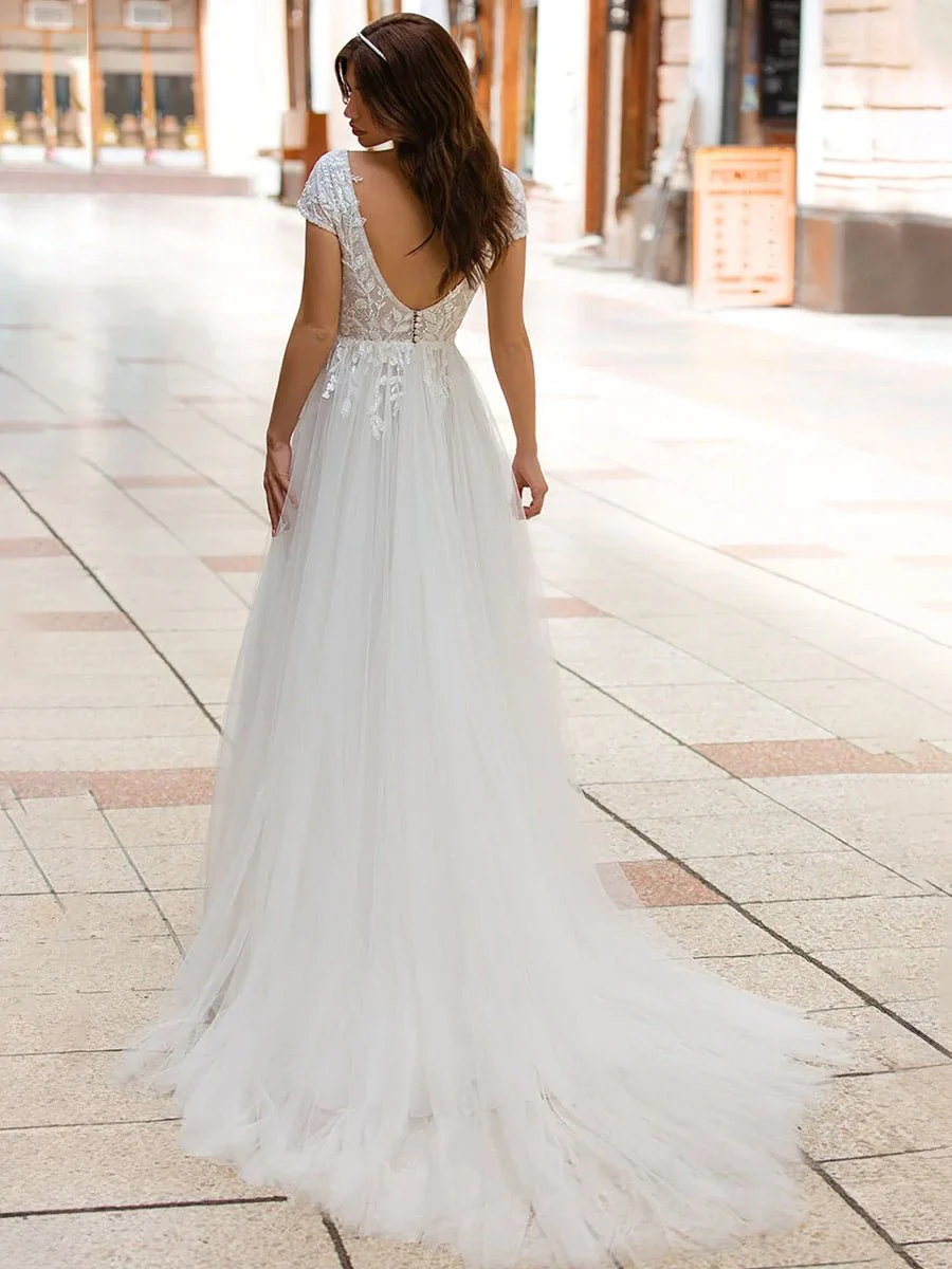 Sexy A Line Plunging Neckline Tulle Sweep Train Wedding Dress with Appliques