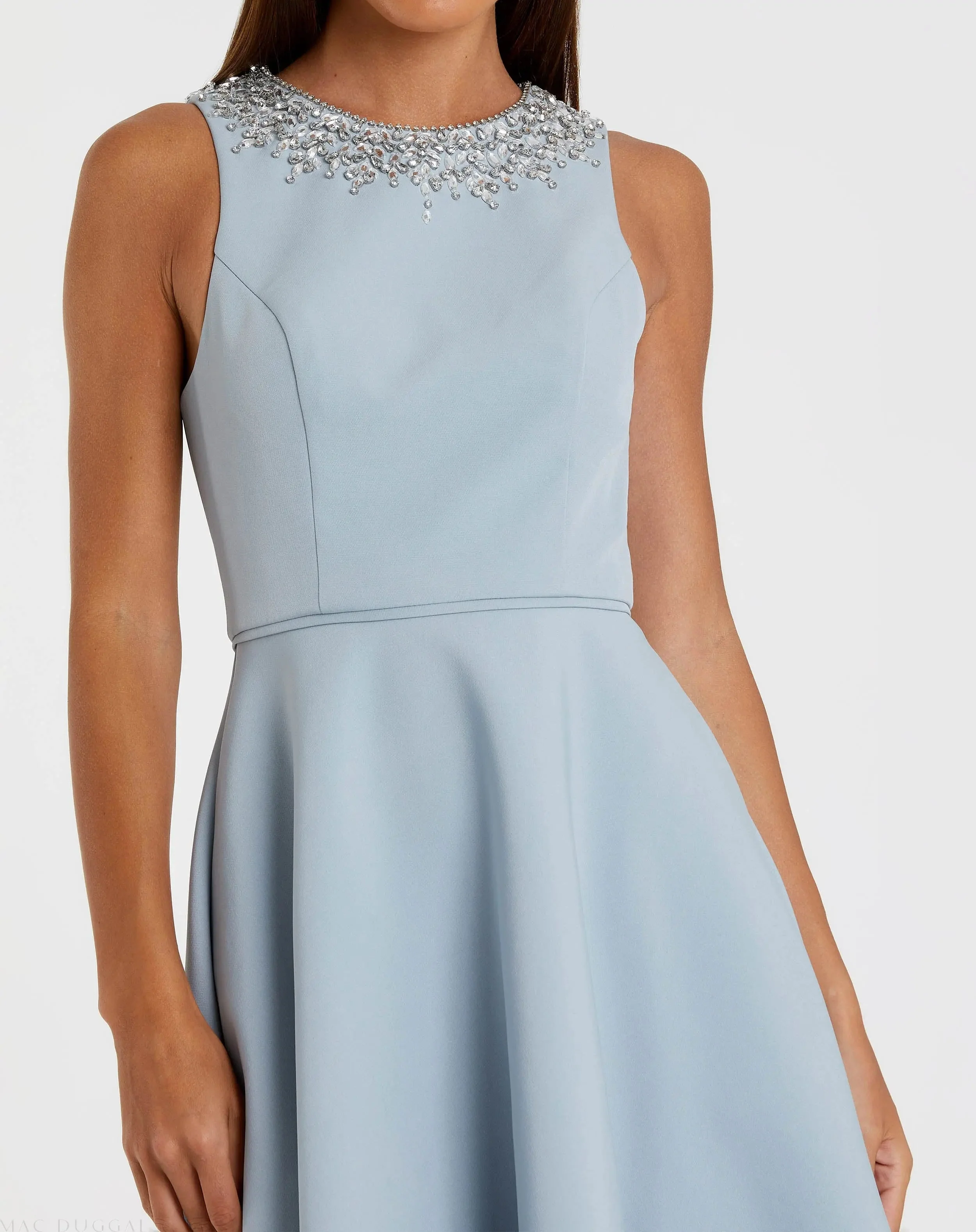 Blue Crepe Embellished Neck High Low Gown