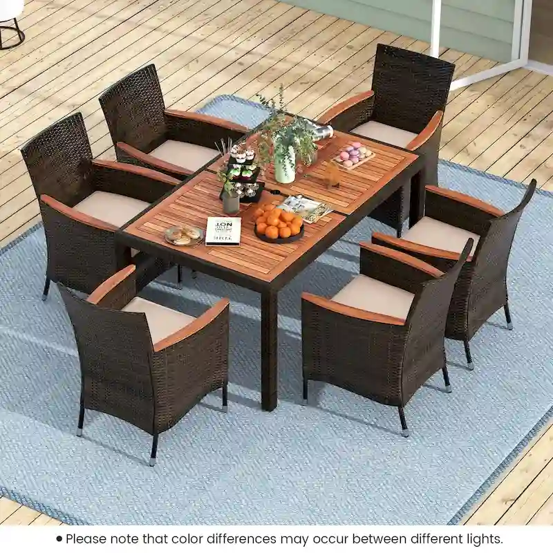 Costway 7 Pieces Outdoor Wicker Dining Set with Acacia Wood Table and - See Details