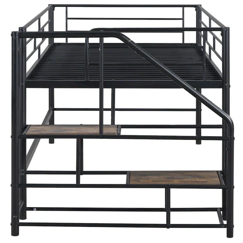 Black Twin Size MDF Metal Mid Loft Bed with Storage stairs and Fence for Kids, Boys and Girls, Bedroom