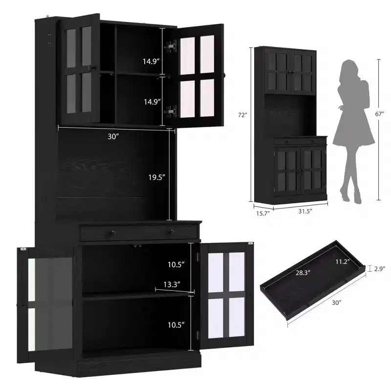 72 Kitchen Pantry Cabinet with Glass Doors, Drawer & Adjustable Shelves, Farmhouse Tall Storage Cabinet with Open Countertop