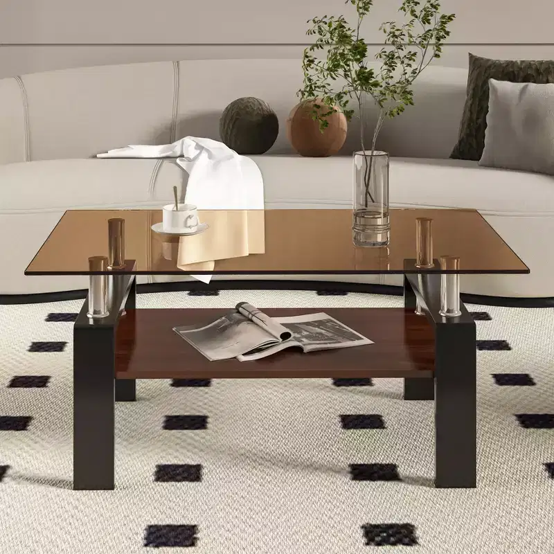 Rectangle Coffee Table, Tempered Glass Tabletop with MDF Layer, Modern Table for Living Room , Brown Glass