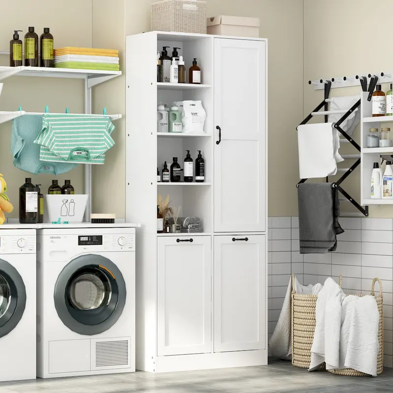 Sleek White Laundry Bathroom Cabinet with Unique Rotating Drawers