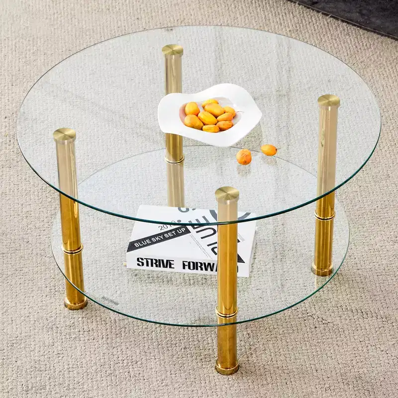 Round Tempered Glass Coffee Table Cocktail Table Sofa Side Table Center Table, Minimalist 2-Layer, Stainless Steel Gold/Silver Plated Legs-ModernLuxe