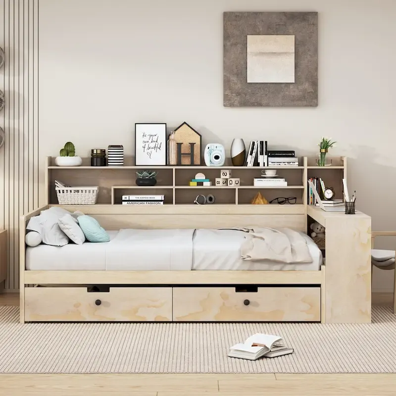 Wooden Full Size Daybed with Storage Shelves