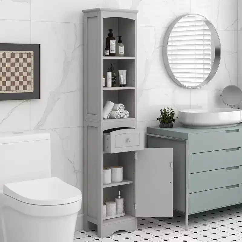 Tall Bathroom Storage Cabinet with Shelves, Drawer and Door, Slim Freestanding Linen Tower for Small Spaces - ModernLuxe