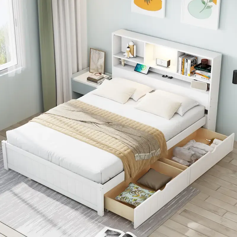 Wood Platform Bed with Bookcase Headboard, Built-in Downlight, Charging Station & 2 Side Drawers