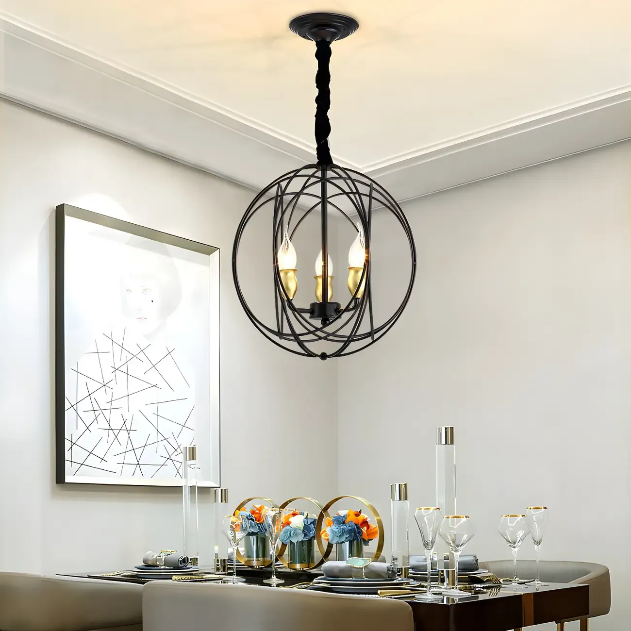 Black Metal Sphere Orb Modern Chandelier Light