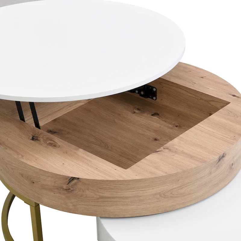 Modern Round Lift-top Nesting Coffee Tables with 2 Drawers