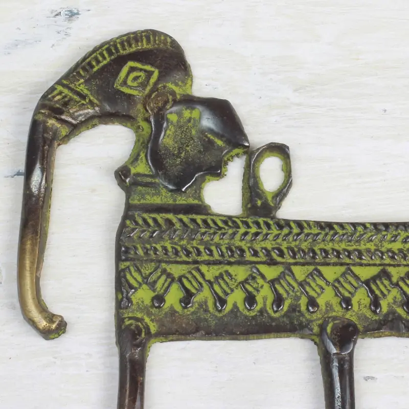 NOVICA Helpful Elephant, Brass coat rack - 6 x 12