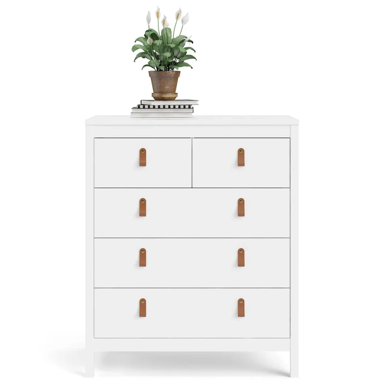 Grey 5-Drawer Chest with Leather Handles