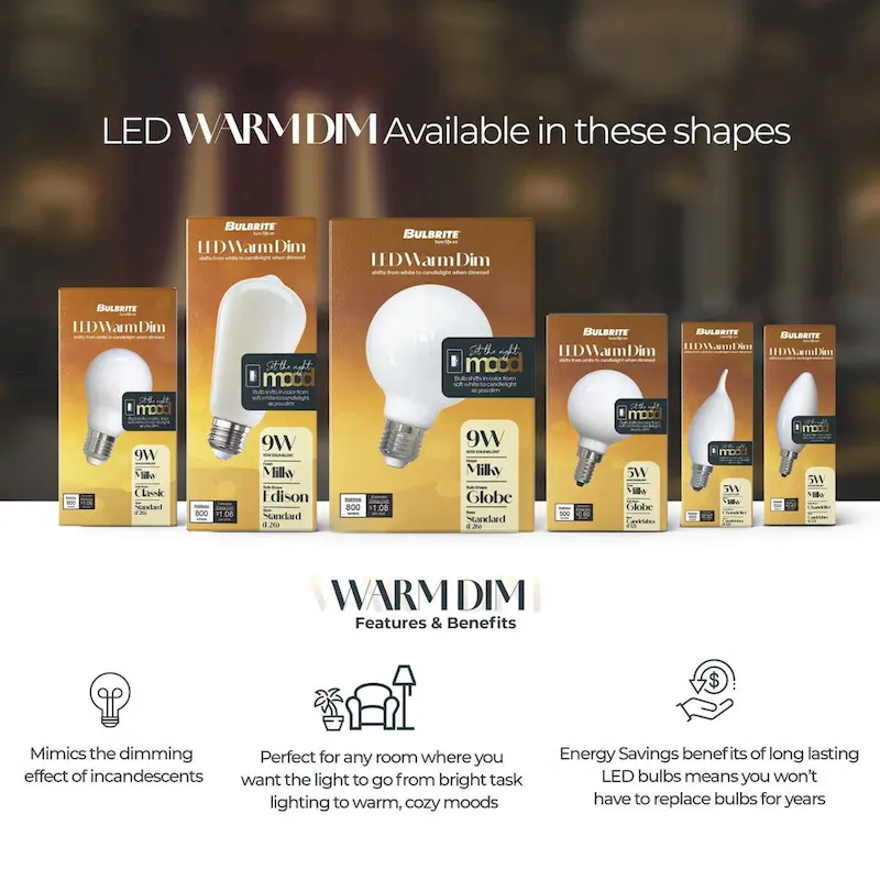 Bulbrite 9 Watt LED A19 Light Bulbs, Warm Dimming 3000K (Soft White) - 1800K (Candlelight), 800 Lumens, (2 Pack) - 2 Pack