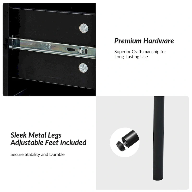 Black / White / Navy 2-Drawer Nightstand with Charging Station, Adjustable Legs, Set of 2