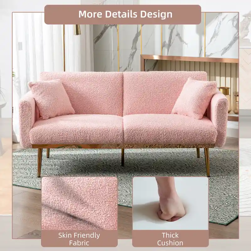 Teddy Fabric Upholstered Tufted Loveseats Sleeper Sofa With Rose Golden Legs
