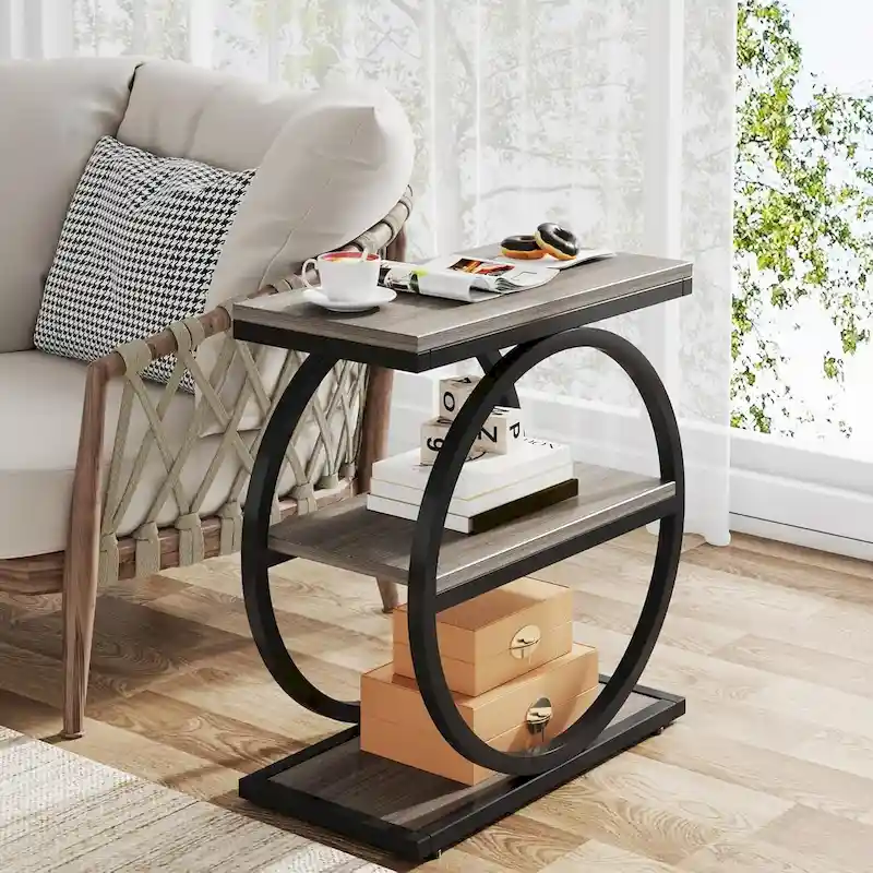 Industrial 3-Shelf Narrow End Table – Brown / Grey / Oak / Yellow