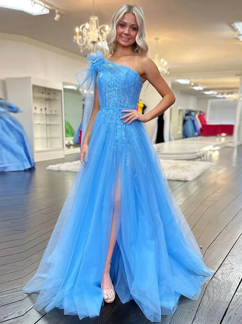 Cute A Line One Shoulder Blue Tulle Prom Dress with Appliques