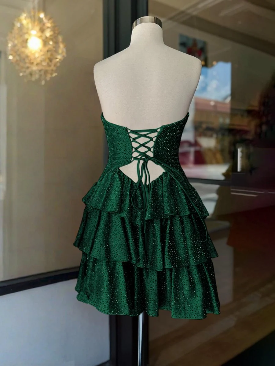 Dark Green - A Line Sweetheart Satin Cut Out Ruffled Homecoming & Cocktail Dresses with Beads