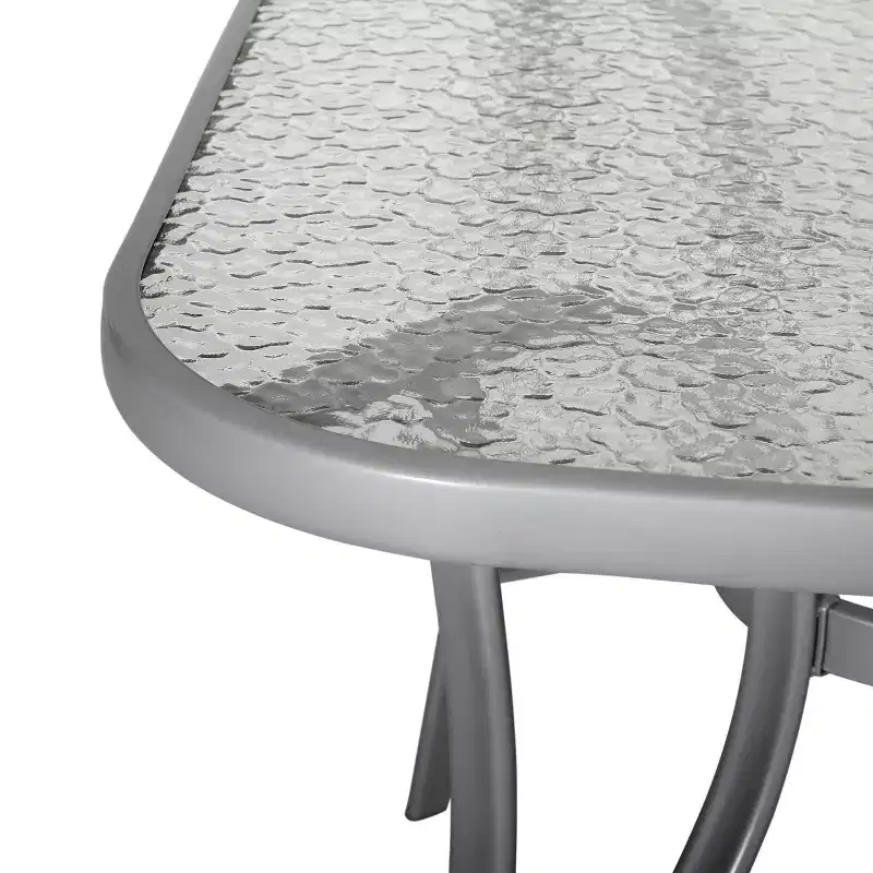 Emma and Oliver Rectangular Tempered Glass Top Patio Table with Umbrella Hole and Black Steel Tube Frame