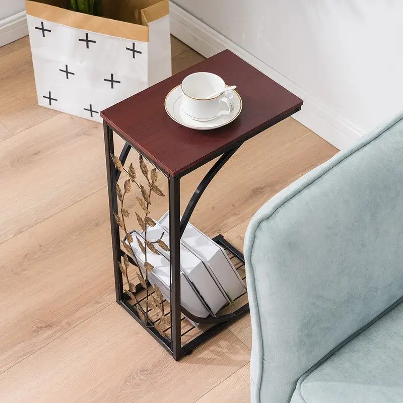 C-Shape Leaf Pattern Iron Side Table – Brown & Golden / Black, Single