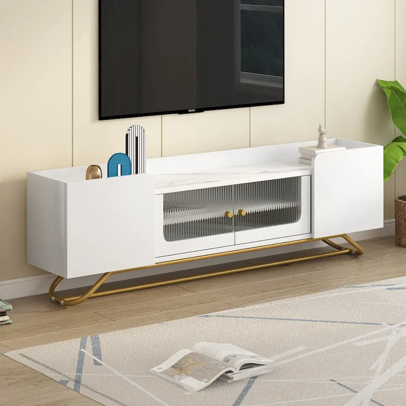 White Marble TV Stand with Gold Frame and Fluted Glass Doors - 63 Inch