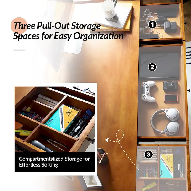 Walnut Mid-Century Office Desk with 3 Drawers and Charging Station