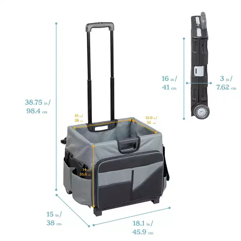 ECR4Kids Universal Rolling Utility Cart with Canvas Organizer Bag, Mobile Storage, Black/Grey