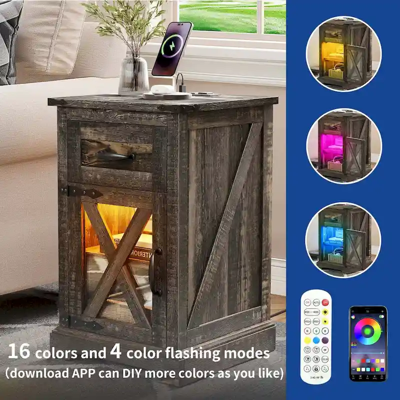 Moasis LED End Table with Shelf and Drawer, Side Table with Charging Station Power Outlet