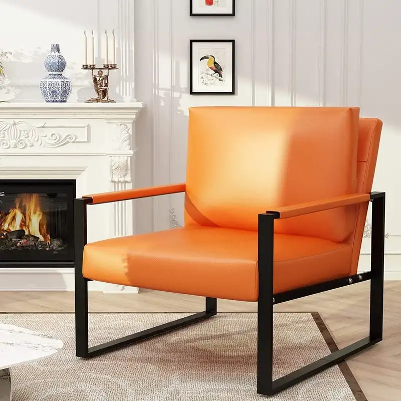 Orange/Brown/Grey/Black Mid-Century PU Leather Accent Armchair with Steel Frame, Single Seat