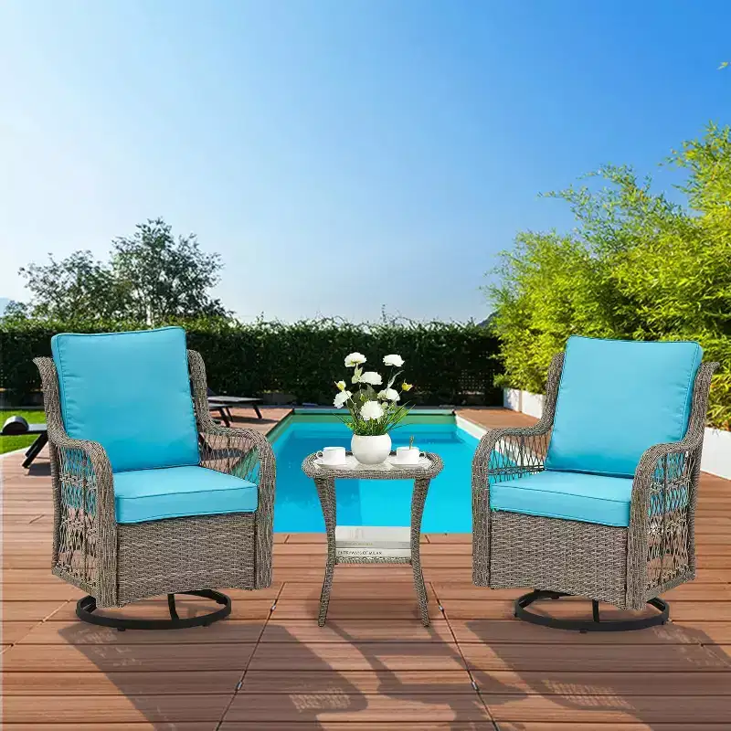 3 Piece Outdoor Patio Set, Wicker Rocking Bistro Set with 2 Swivel Chairs & Tempered Glass Top Table, for Patio Porch Backyard