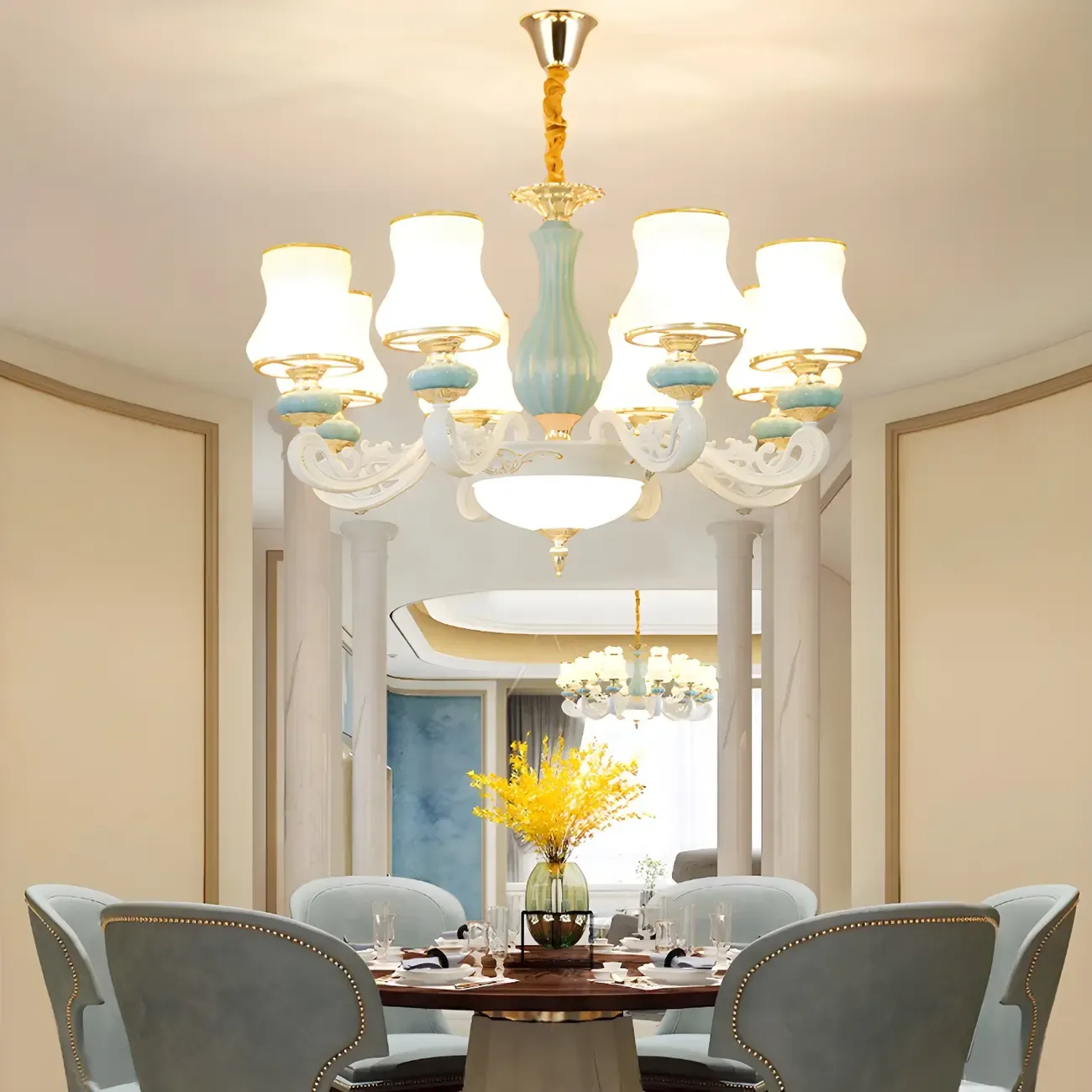 Vintage Elegant Adjustable Chandelier with Porcelain