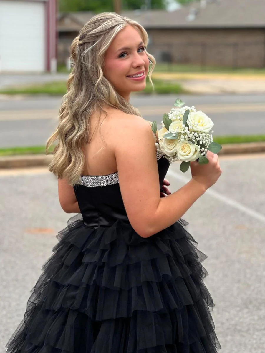 Black Strapless Bow Ruffle Long Prom Dress with Slit