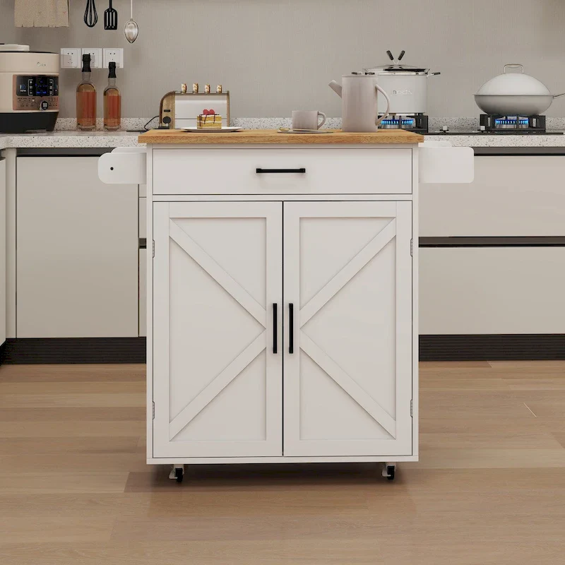 White Rubber Wood Kitchen Cart with Adjustable Shelves, Towel Rack