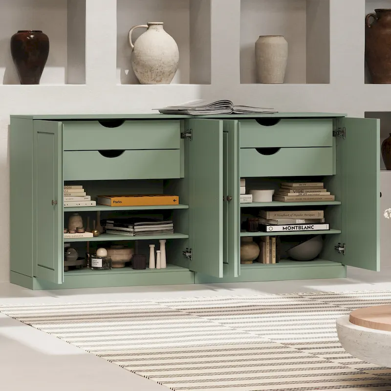 Rustic Brown Solid Wood Sideboard for 2-4 People with Glass and Panel Doors