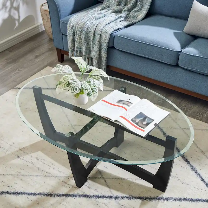 48 Inch Oval Glass Coffee Table, Black Round Coffee Table Center Table with Glass Top