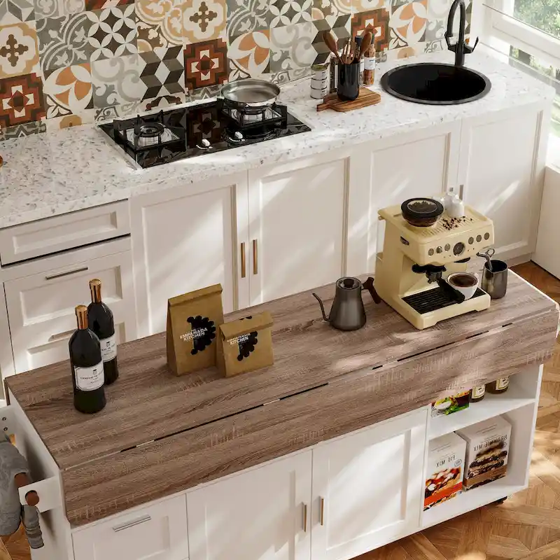 Rolling Kitchen Island Cart with Flip-Top Table, 2 Drawers, 2 Cabinets, and Towel Rack Buffet Sidboard
