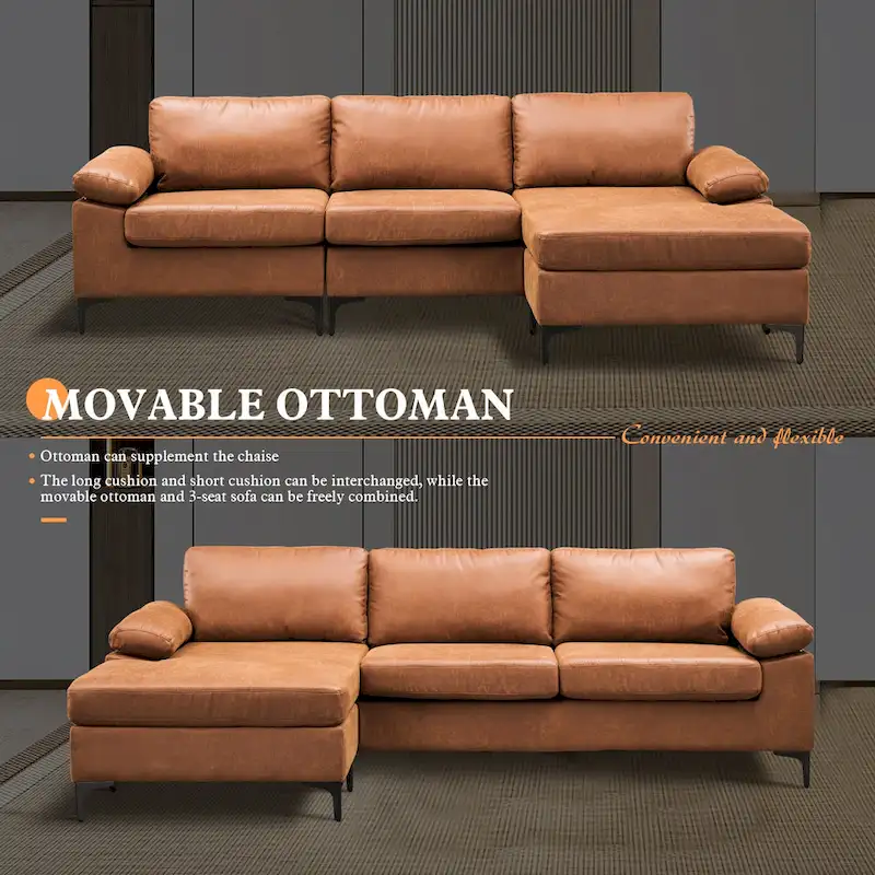 OVIOS Mid-Century Suede Reversible Chaise Sofa With Metal Legs