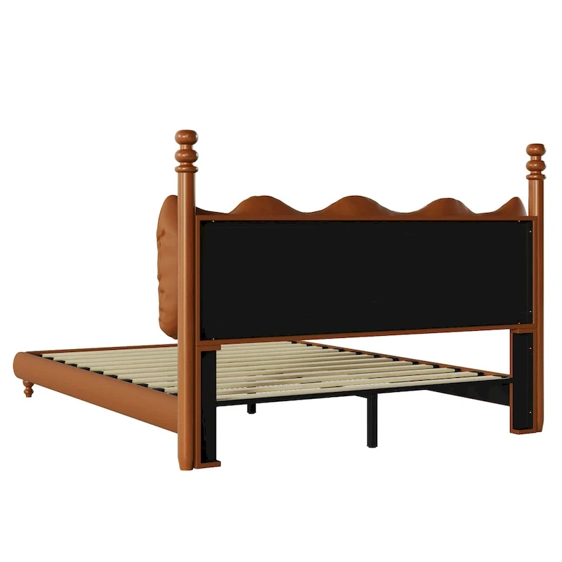 PU Leather Platform Bed with Button-Tufted Headboard & Wood Bedposts – Coffee, Queen / King / Cal King, Sleeps 2