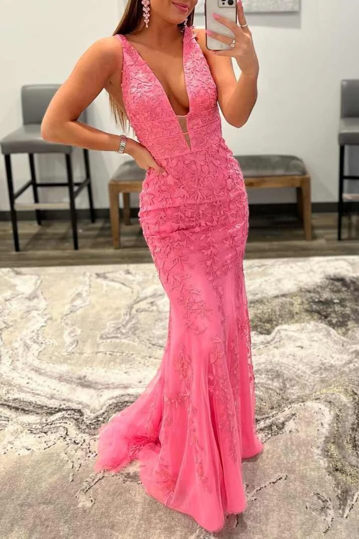 Mermaid Plunge V Neck Lace Prom Dress