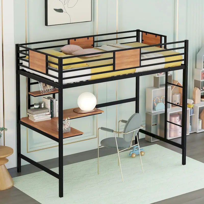 Black / White Twin Metal Loft Bed with Desk and Shelves, 1-Person