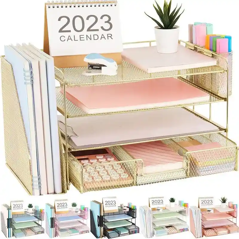 Metal Mesh Desk Organizer, Gold/White/Black/Pink/Grey, 4-Tier, Single